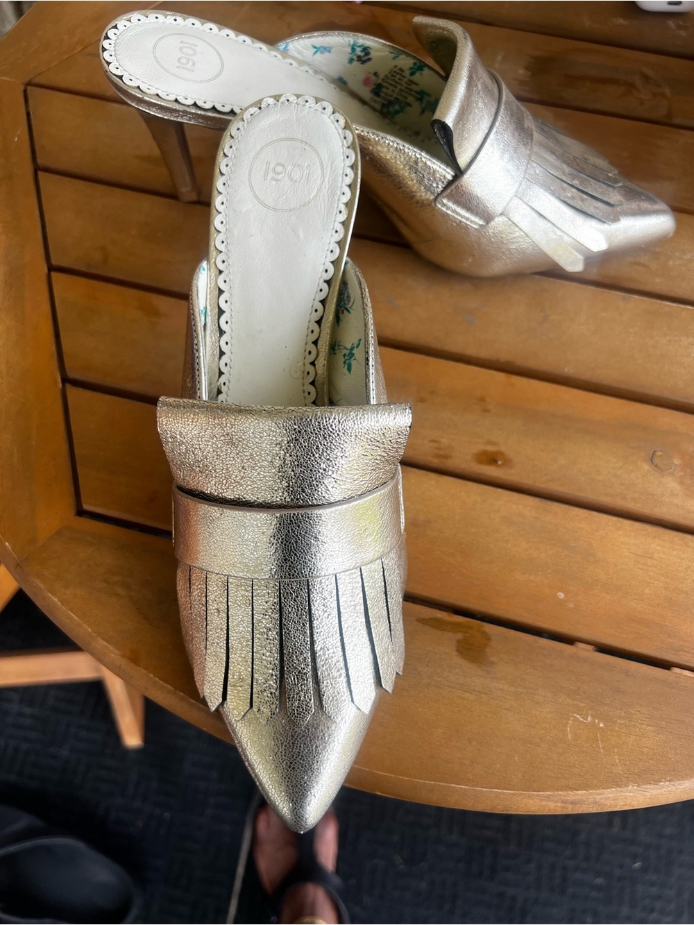 1901 Metallic Gold Fringe Pointed Toe Mule with Kiltie Detail